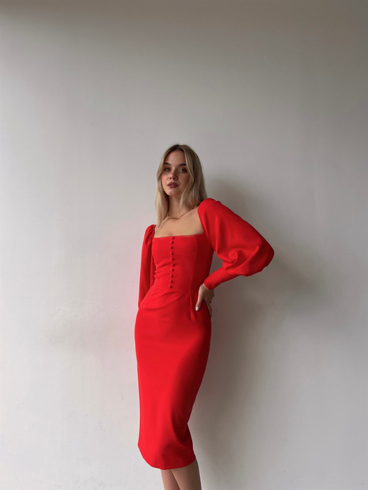 Balon Kol Düğme Detaylı Midi Boy Kadın Kırmızı Kalem Elbise 22Y000008