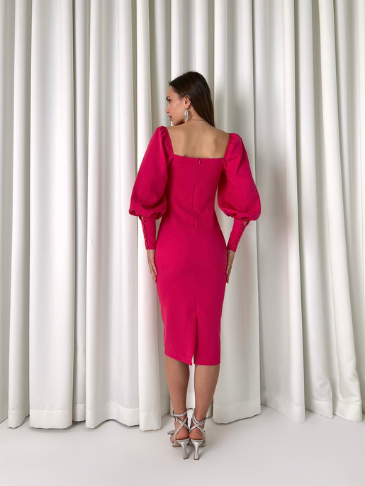 Balon Kol Düğme Detaylı Midi Boy Kadın Fuşya Kalem Elbise 22Y000008