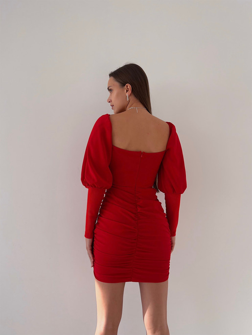 Balon Kol Eteği Drapeli Rosalina Kadın Kırmızı Mini Elbise 23K000198