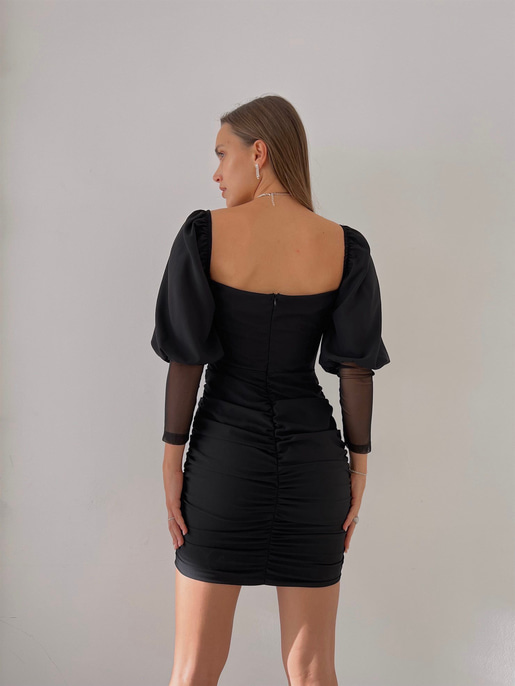 Balon Kol Eteği Drapeli Rosalina Kadın Siyah Mini Elbise 23K000198
