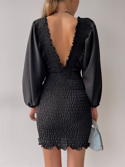 Balon Kol Ön Ve Arka V Yaka Gipeli Brisa Kadın Siyah Elbise 22K000449