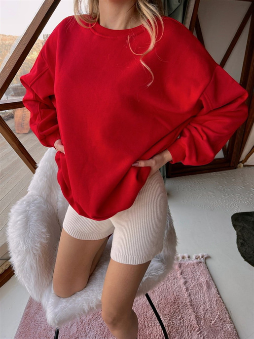 Basıc Bisiklet Yaka Kadın Kırmızı Sweat 22K000162