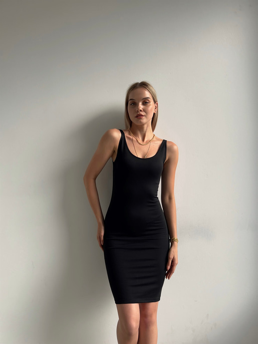 Basıc Kalın Askılı Likra Kumaş Jerry Kadın Siyah Elbise 22Y000185