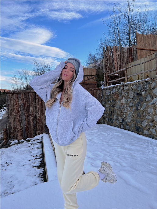 Basic Kapüşonlu Önden Fermuarlı Kadın Gri Sweat 21Y000559