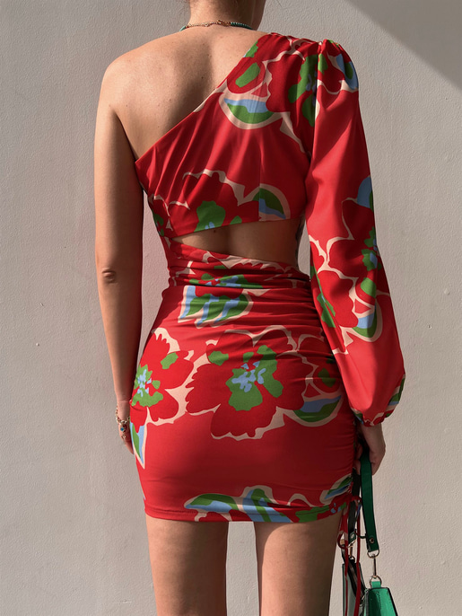 Bel Dekolteli Tek Kol Desenli Kathy Kadın Kırmızı Elbise 22Y000130