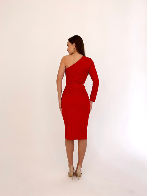 Bel Pencere Detay Tek Kol Veronica Kadın Kırmızı Midi Elbise 23K000413