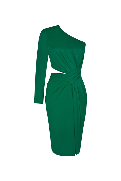Bel Pencere Detay Tek Kol Veronica Kadın Zümrüt Midi Elbise 23K000413