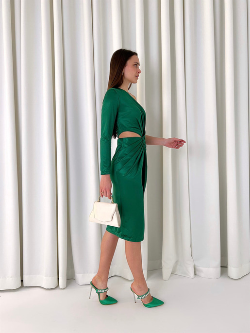 Bel Pencere Detay Tek Kol Veronica Kadın Zümrüt Midi Elbise 23K000413