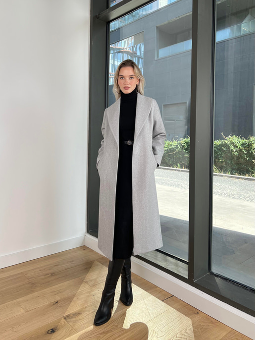 Belden Kuşaklı Yanları Cep Detaylı Stefan Kadın Gri Kaşe Kaban 23K000118