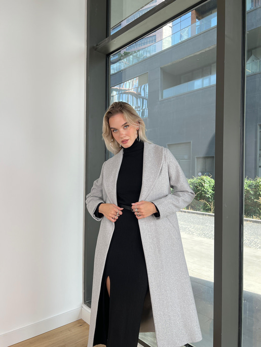 Belden Kuşaklı Yanları Cep Detaylı Stefan Kadın Gri Kaşe Kaban 23K000118