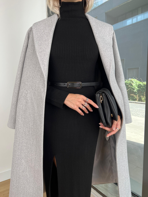 Belden Kuşaklı Yanları Cep Detaylı Stefan Kadın Gri Kaşe Kaban 23K000118