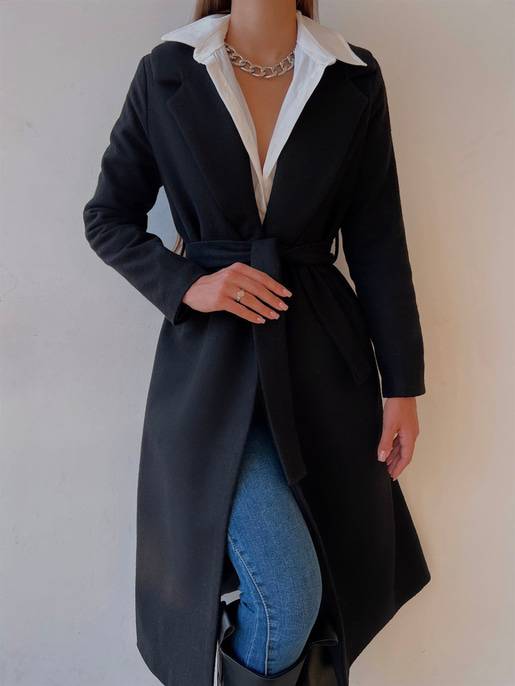 Belden Kuşaklı Yanları Cep Detaylı Stefan Kadın Siyah Kaşe Kaban 23K000118