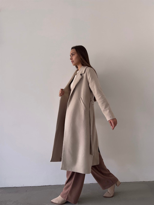 Belden Kuşaklı Yanları Cep Detaylı Stefan Kadın Bej Kaşe Kaban 23K000118