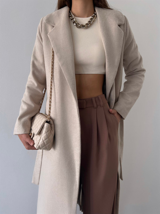 Belden Kuşaklı Yanları Cep Detaylı Stefan Kadın Bej Kaşe Kaban 23K000118