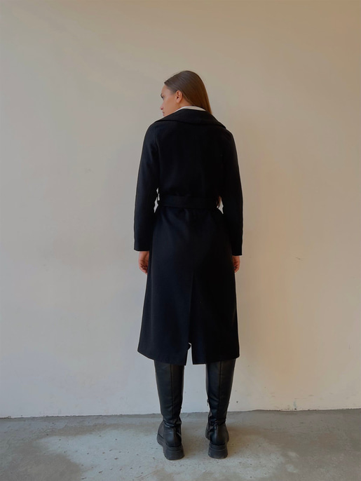 Belden Kuşaklı Yanları Cep Detaylı Stefan Kadın Siyah Kaşe Kaban 23K000118