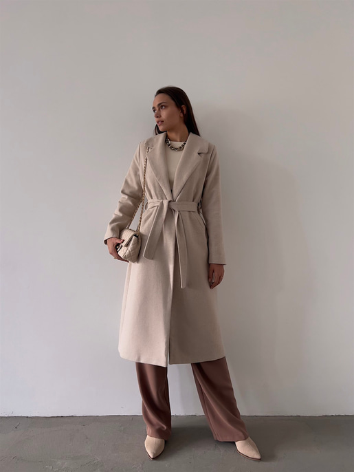 Belden Kuşaklı Yanları Cep Detaylı Stefan Kadın Bej Kaşe Kaban 23K000118