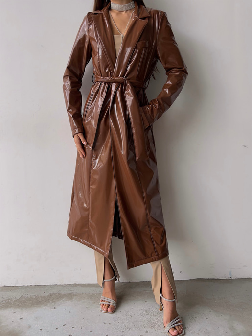 Belden Kuşaklı Yanları Cepli Eduardo Kadın Kahve Parlak Vegan Deri Kaban 23K000145