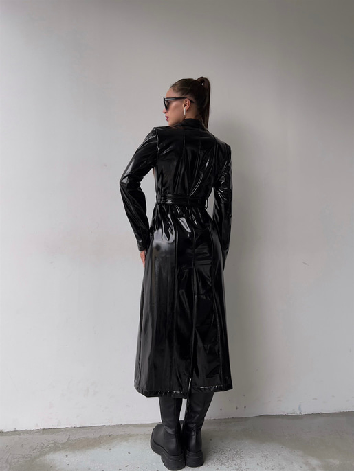 Belden Kuşaklı Yanları Cepli Eduardo Kadın Siyah Parlak Vegan Deri Kaban 23K000145