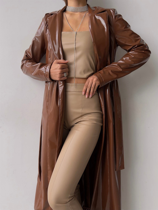 Belden Kuşaklı Yanları Cepli Eduardo Kadın Kahve Parlak Vegan Deri Kaban 23K000145