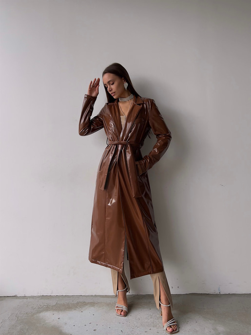 Belden Kuşaklı Yanları Cepli Eduardo Kadın Kahve Parlak Vegan Deri Kaban 23K000145