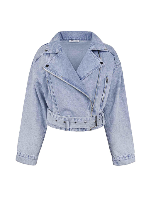 Beli Kemer Detaylı Penc Kadın Mavi Crop Kot Ceket 24k000201