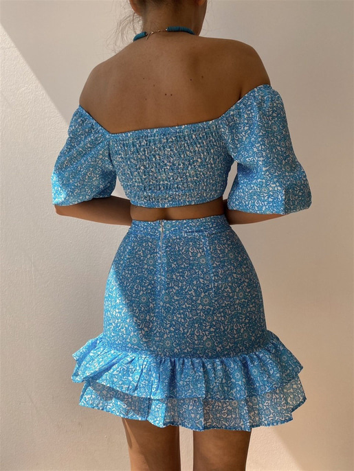 Beli Lastik Detaylı Crop Fırfırlı Mini Etek Kadın Mavi Takım 21Y000452