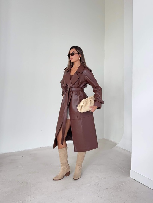 Beli Ve Kol Ucu Kemer Detaylı Tegan Kahve Kadın Deri Trenç 26K016