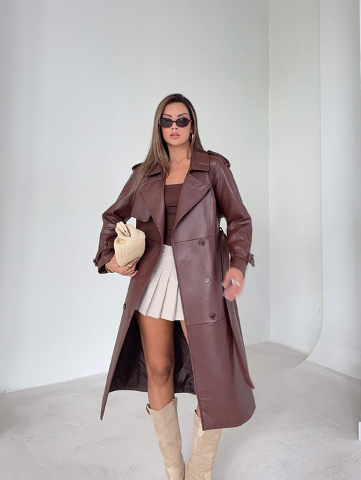 Beli Ve Kol Ucu Kemer Detaylı Tegan Kahve Kadın Deri Trenç 26K016