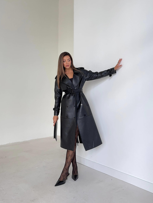 Beli Ve Kol Ucu Kemer Detaylı Tegan Siyah Kadın Deri Trenç 26K016