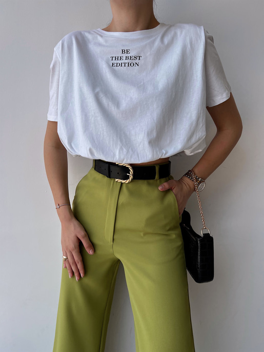 Bisiklet Yaka Baskılı Lastikli Bel Kadın Beyaz Crop Tişört 22Y000208