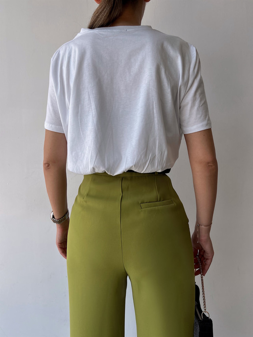 Bisiklet Yaka Baskılı Lastikli Bel Kadın Beyaz Crop Tişört 22Y000208