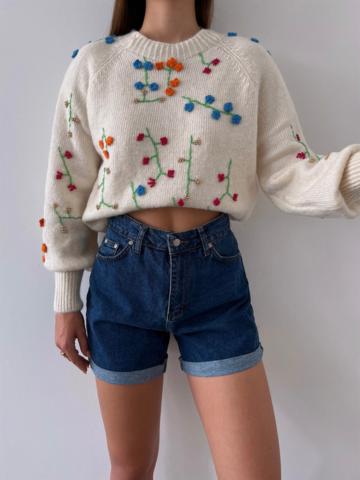 Bisiklet Yaka Çiçek Desenli Trevon Kadın Bej Kazak 23K000182