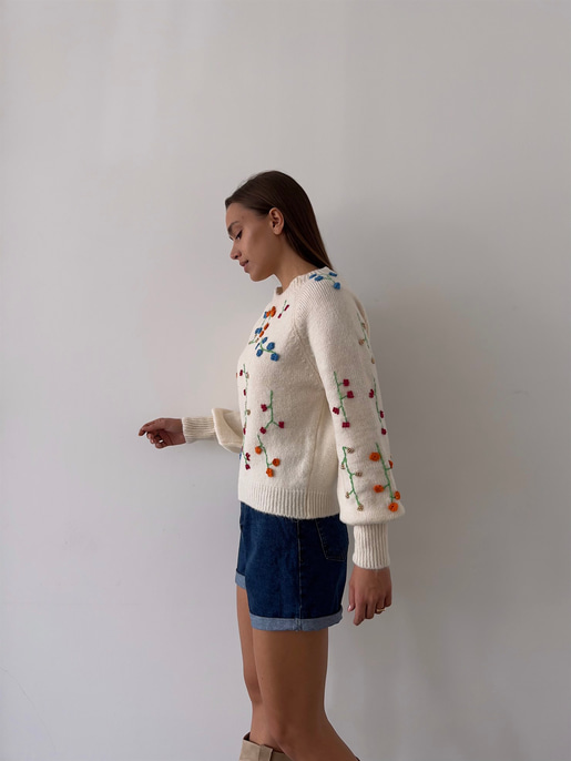 Bisiklet Yaka Çiçek Desenli Trevon Kadın Bej Kazak 23K000182