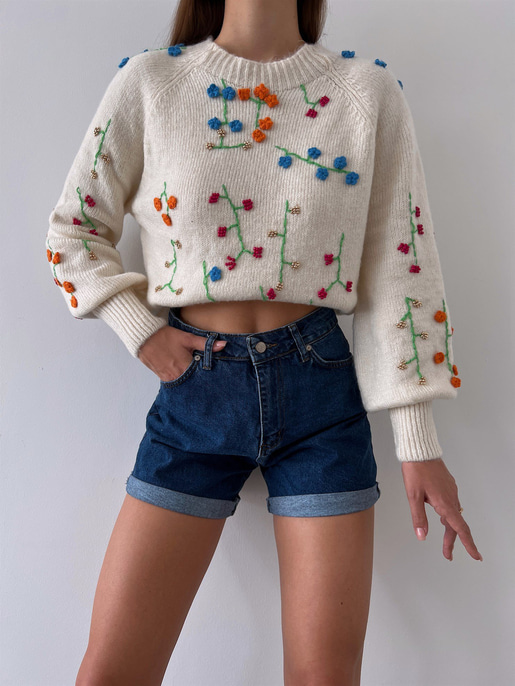 Bisiklet Yaka Çiçek Desenli Trevon Kadın Bej Kazak 23K000182