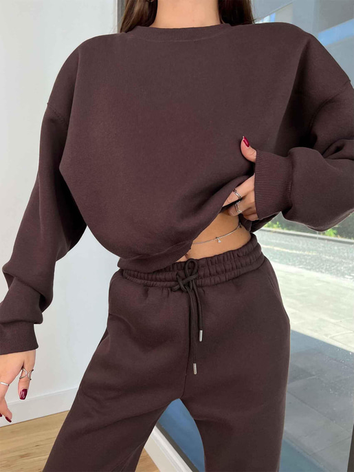 Bisiklet Yaka Crop Sweatshirt Lastikli Eşofman Wesley Kadın Kahve Eşofman Takım 24k258