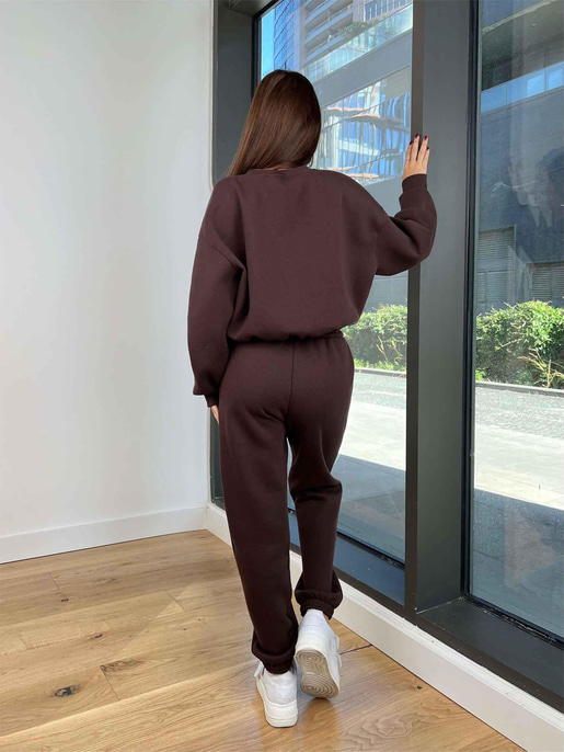 Bisiklet Yaka Crop Sweatshirt Lastikli Eşofman Wesley Kadın Kahve Eşofman Takım 24k258