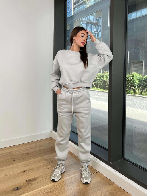 Bisiklet Yaka Crop Sweatshirt Lastikli Eşofman Wesley Kadın Gri Eşofman Takım 24k258