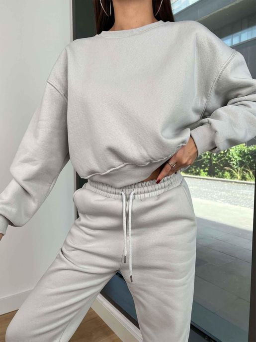 Bisiklet Yaka Crop Sweatshirt Lastikli Eşofman Wesley Kadın Gri Eşofman Takım 24k258
