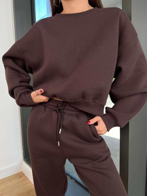 Bisiklet Yaka Crop Sweatshirt Lastikli Eşofman Wesley Kadın Kahve Eşofman Takım 24k258