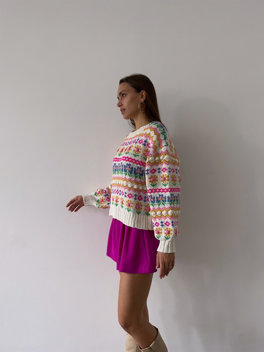 Bisiklet Yaka Etnik Desenli Rene Kadın Renkli Kazak 23K000189