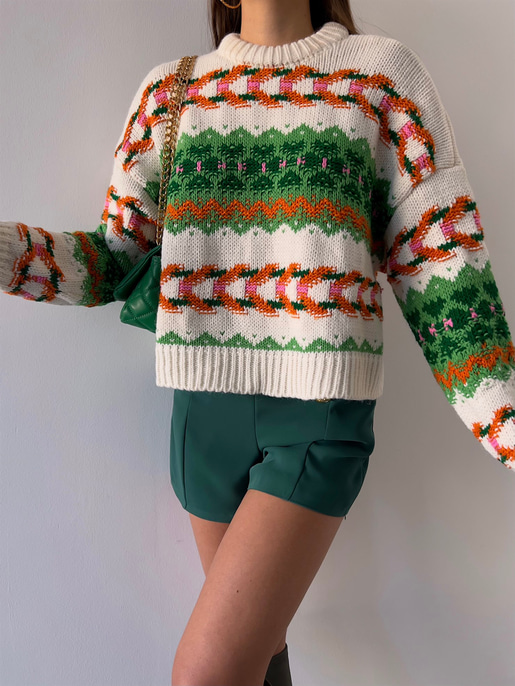 Bisiklet Yaka Etnik Desenli Terrell Kadın Yeşil Kazak 23K000185