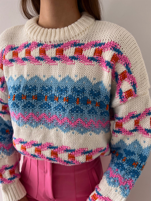 Bisiklet Yaka Etnik Desenli Terrell Kadın Mavi Kazak 23K000185