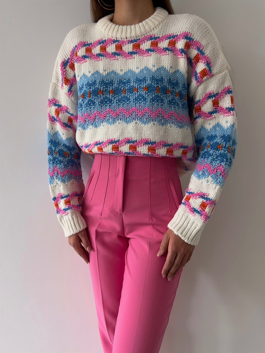 Bisiklet Yaka Etnik Desenli Terrell Kadın Mavi Kazak 23K000185