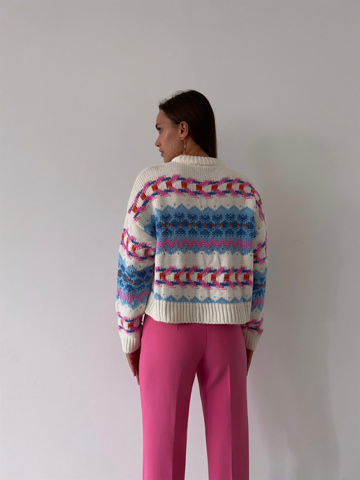 Bisiklet Yaka Etnik Desenli Terrell Kadın Mavi Kazak 23K000185