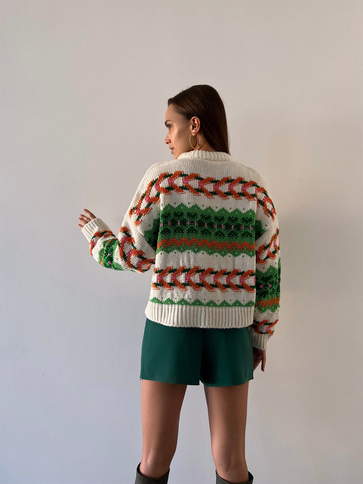 Bisiklet Yaka Etnik Desenli Terrell Kadın Yeşil Kazak 23K000185