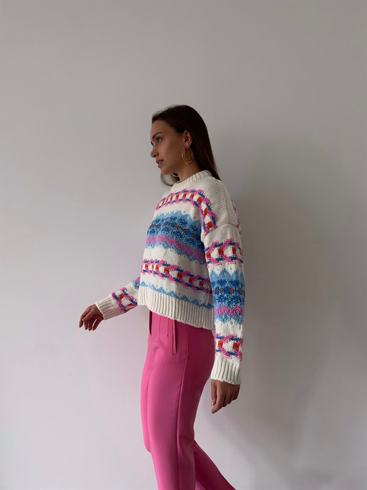 Bisiklet Yaka Etnik Desenli Terrell Kadın Mavi Kazak 23K000185