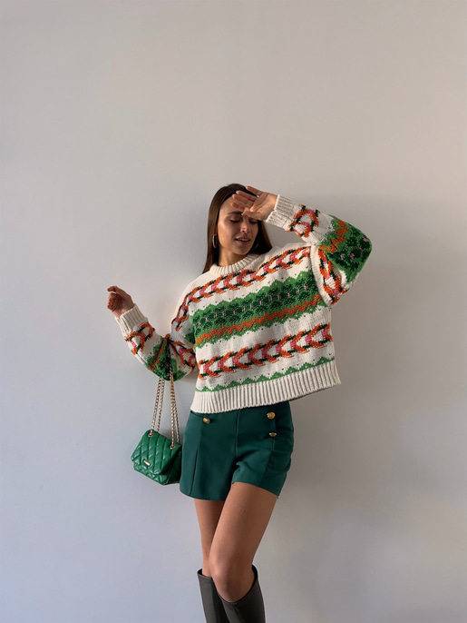 Bisiklet Yaka Etnik Desenli Terrell Kadın Yeşil Kazak 23K000185