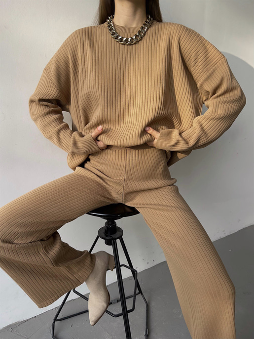 Bisiklet Yaka Geniş Paçalı Laura Kadın Vizon Triko Takım 23K000283