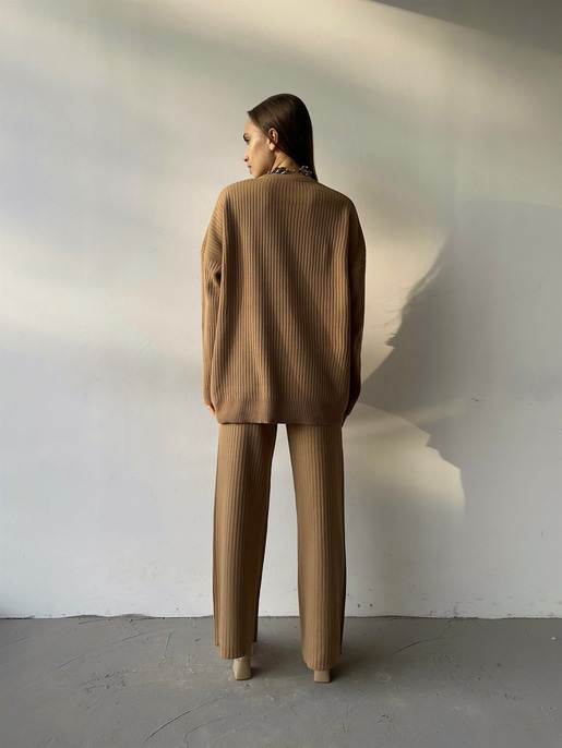 Bisiklet Yaka Geniş Paçalı Laura Kadın Vizon Triko Takım 23K000283