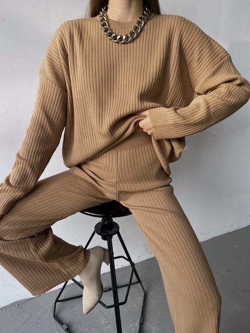 Bisiklet Yaka Geniş Paçalı Laura Kadın Vizon Triko Takım 23K000283